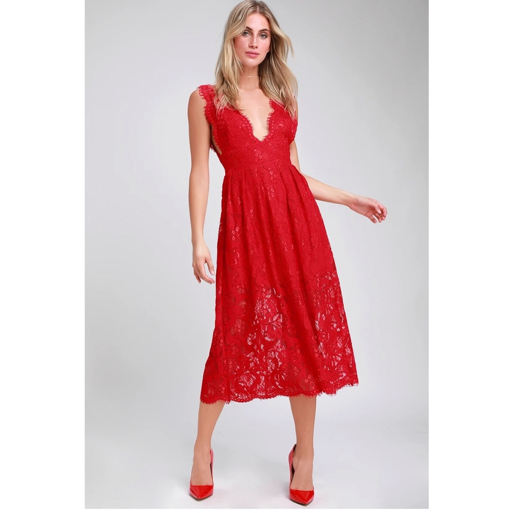 Lulu’s Loft Party Red Lace Sleeveless Midi Dress